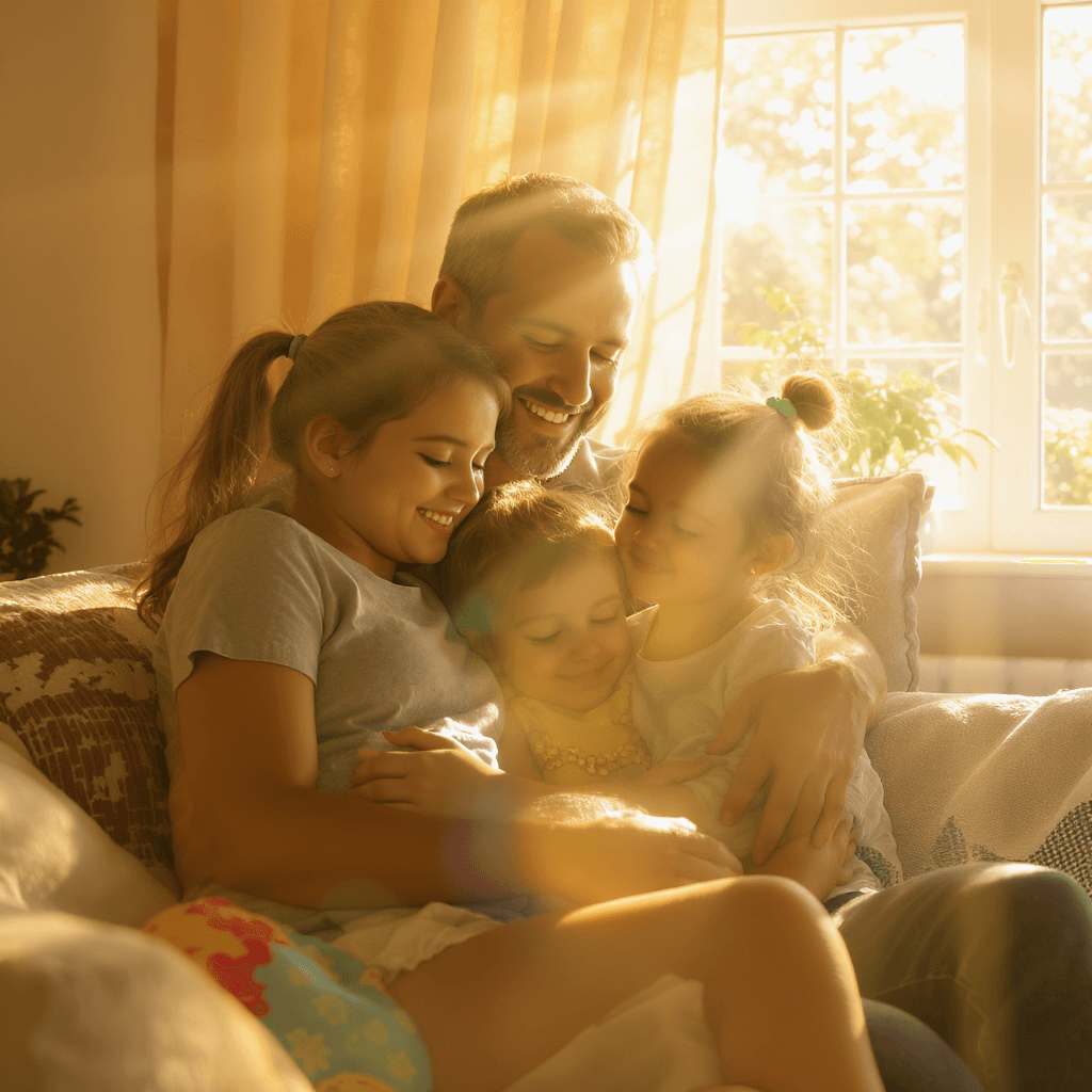 Smiling dad with his children in evening light